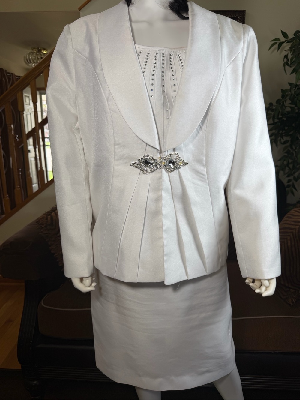 White Satin Three-Piece Skirt Suit with Rhinestone Brooch